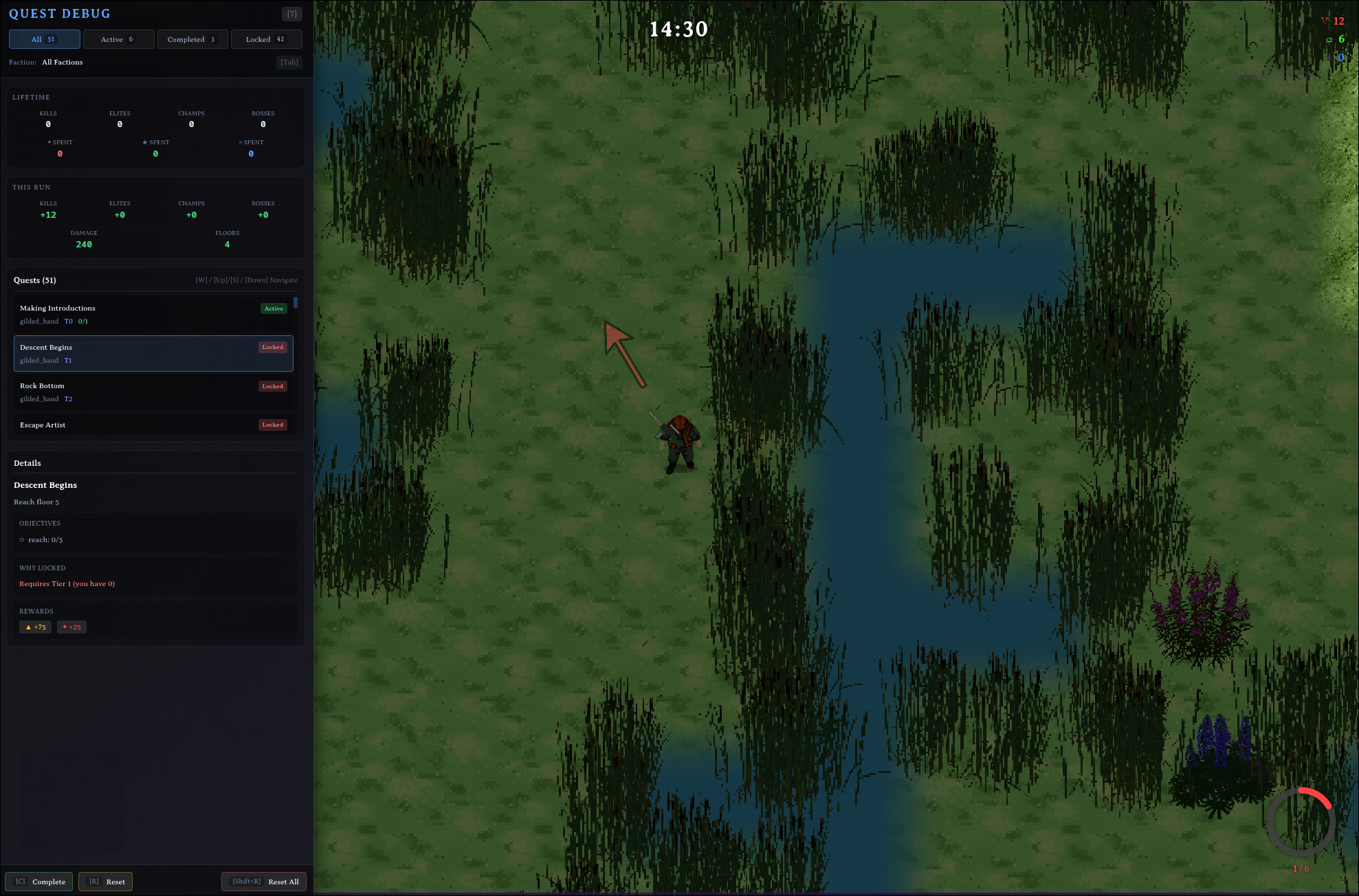 The JS and Phaser original I&rsquo;m porting, debug overlays and all