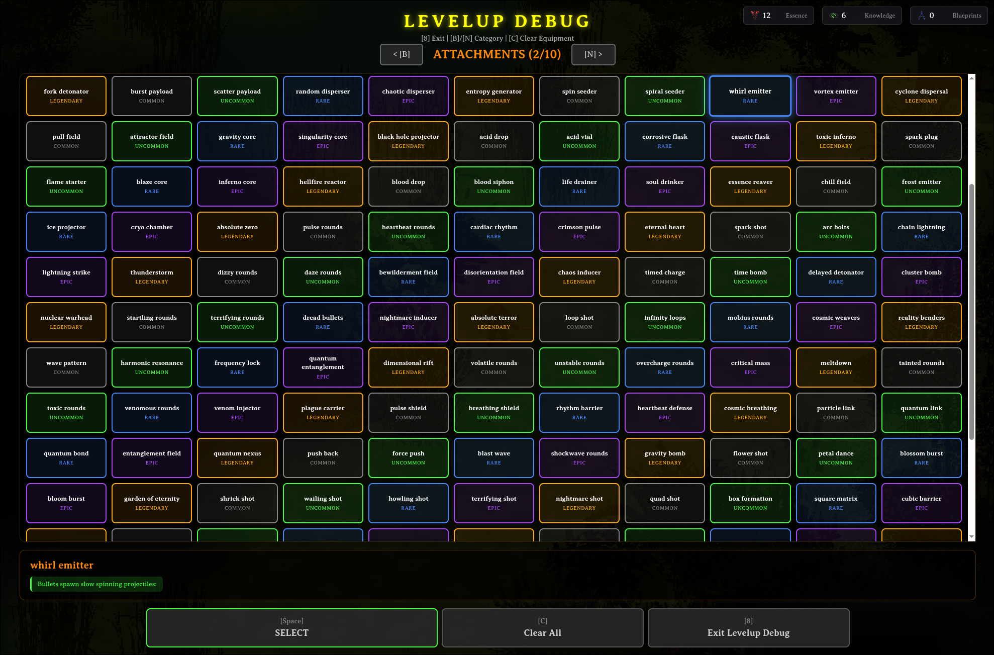 The levelup board: a fraction of the weapon attachments a single run can roll
